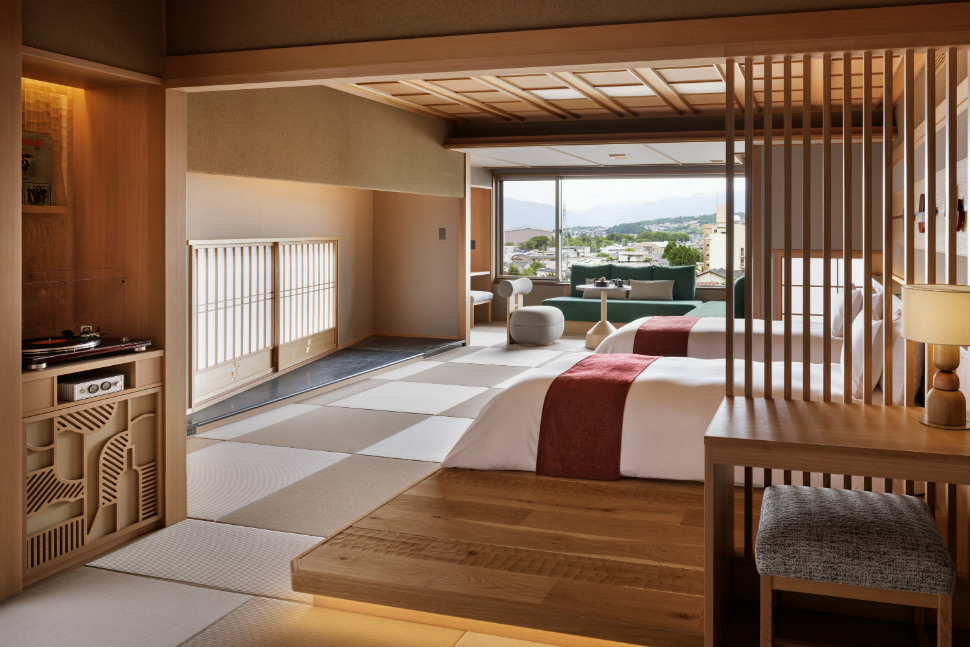 GAKU no Ma guest room at KAI Matsumoto with vinyl turntable