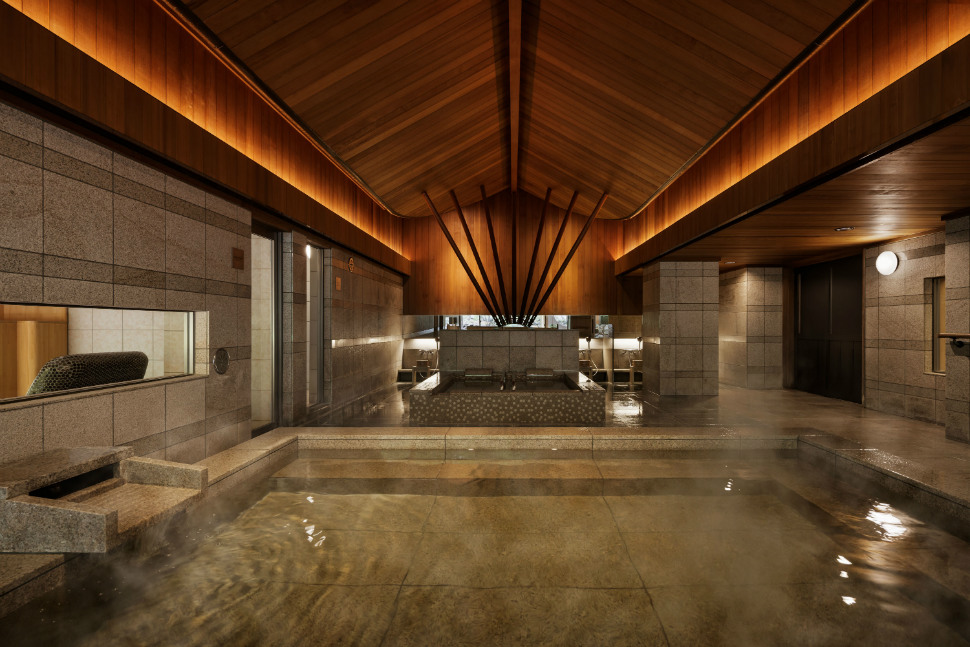 Indoor onsen bath at KAI Matsumoto in Asama Onsen, Nagano